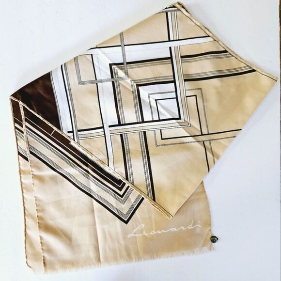 Vintage Leonardi Signed 100% Silk Brown Tan Geometric Pattern Rectangular Scarf - Picture 1 of 6